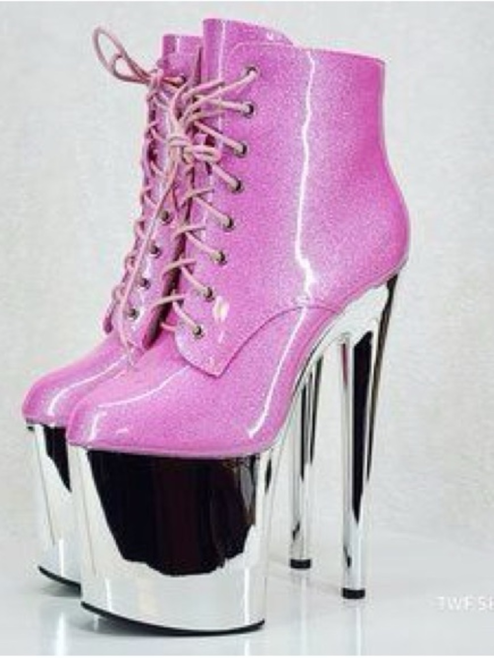 Golden Bulls Pink Glitter Patent Chrome Platform High Heel Ankle Boots size 7.5